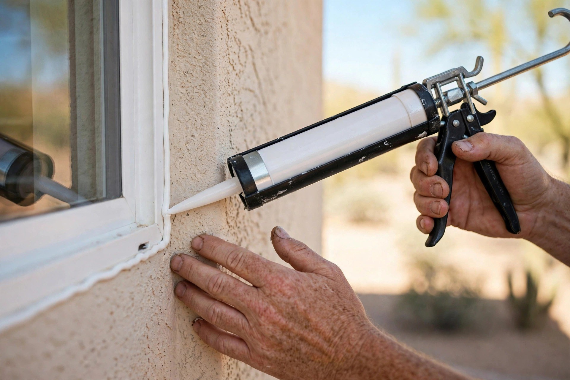 Fresh caulking around a window