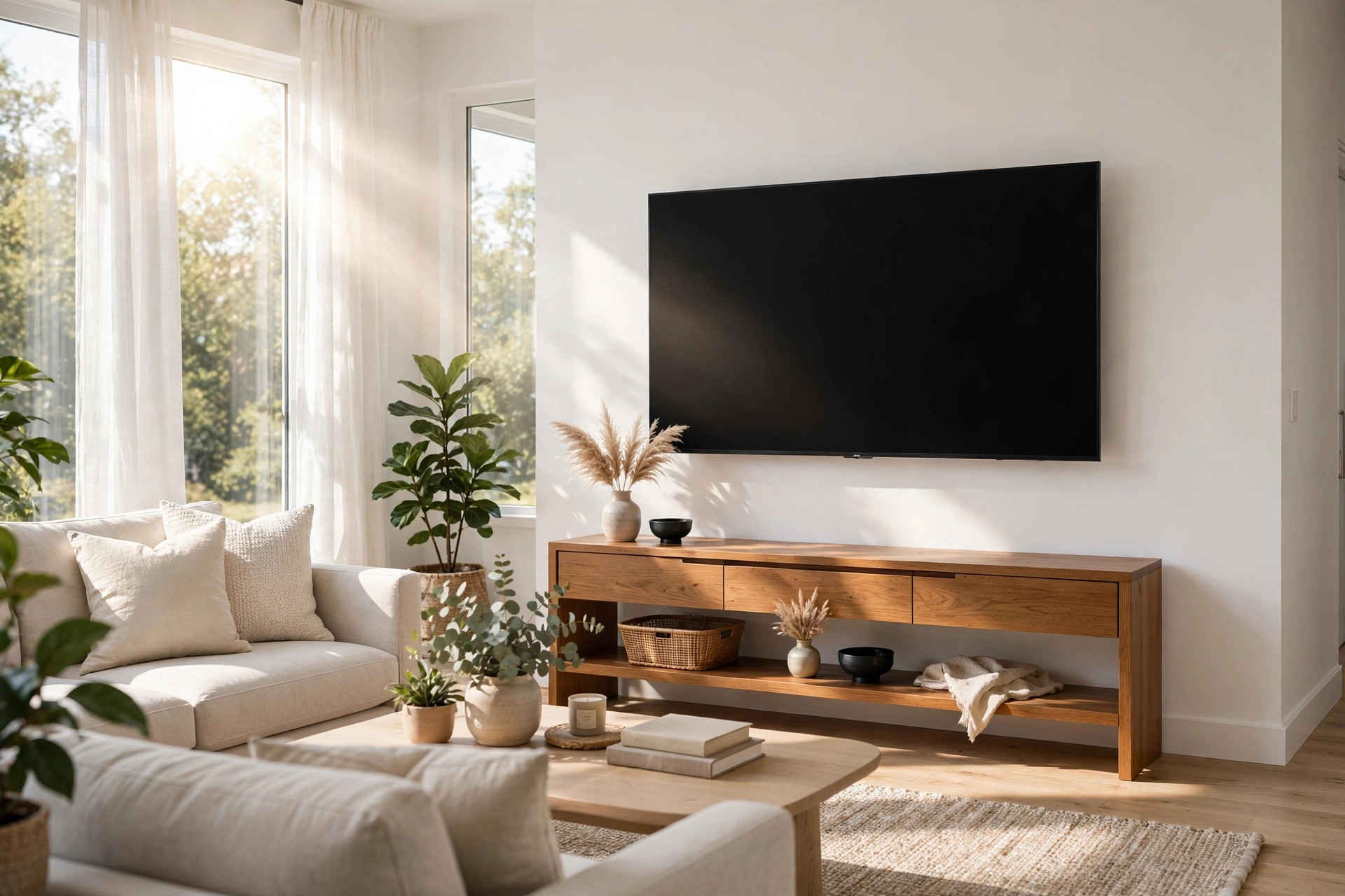 Wall-mounted TV in a bright living room